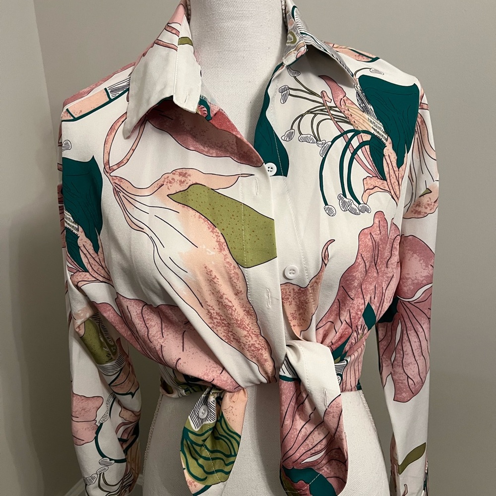SHEIN Floral Button Down Shirt - Pink and Green